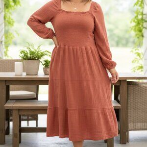 Beach Lunch Lounge NEW Brown Coral Square neck Smoked Bill Luana Dress, XXL
